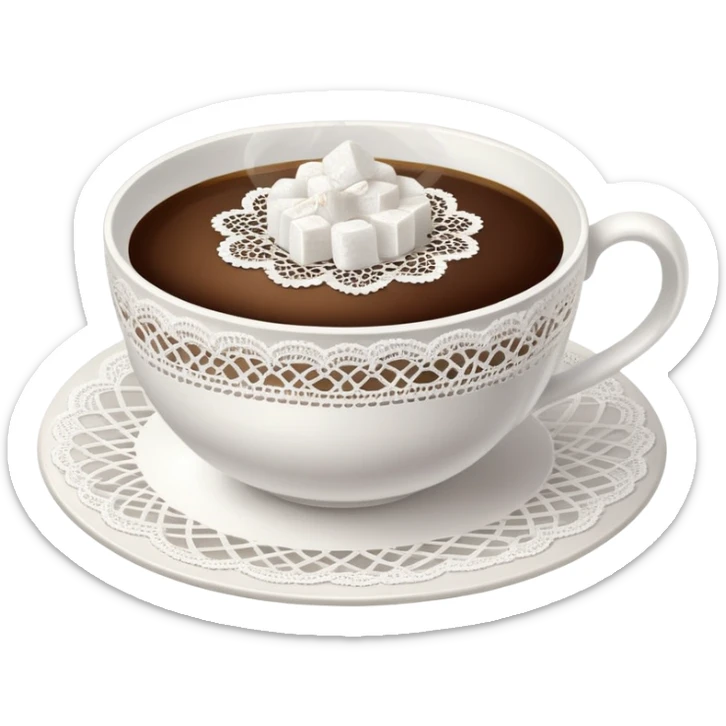 A cup of hot coffee with light steam, in a delicate porcelain cup with lace doily underneath, sugar cubes on the side. sticker
