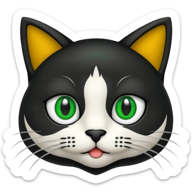crie uma imagem de um gato preto com uma mancha branca no peito o gato tem olho verde  tudo no estilo de animação sticker