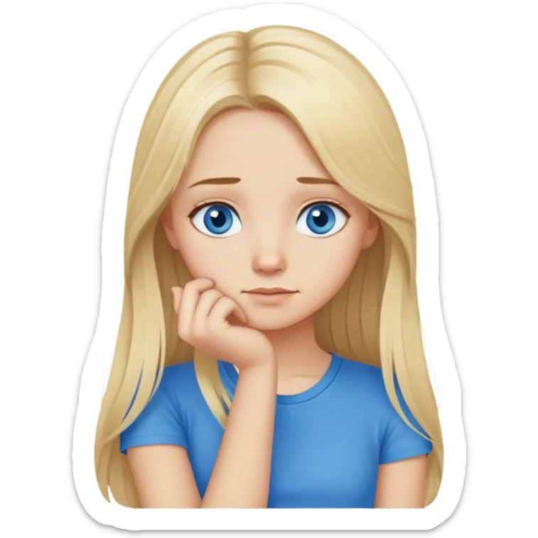 blonde girl blue eyes thinking long hair blue top, thinking hand on chin sticker