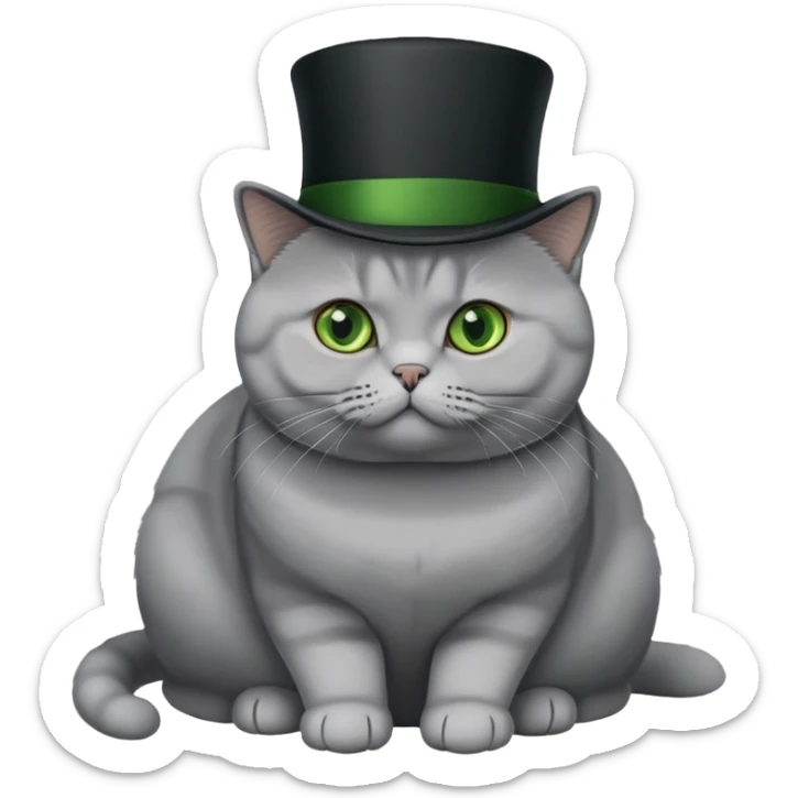gray British Shorthair cat full body sitting with a black top hat and green eyes sticker