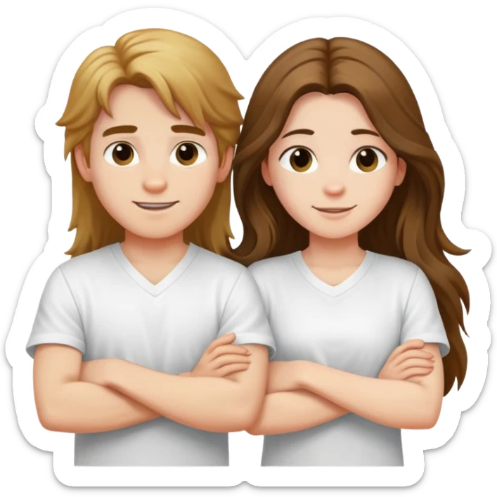 A boy and a long-haired girl crossed their arms over their chests - with a happy look on their faces - wearing white shirts sticker