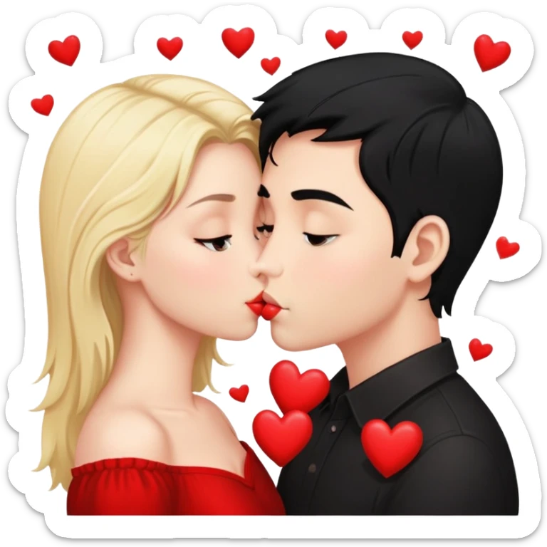 Couple of blonde girl and boy with black hair and fair skin is kissing with a lot of hearts around them sticker