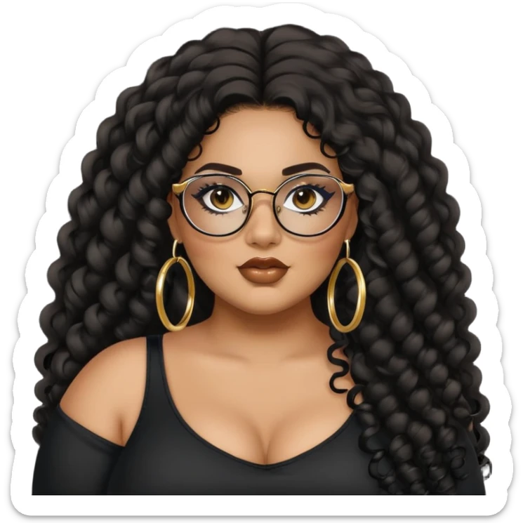 big plus size, latina, darker tan skin, gold hoops, long black curly hair, baddie,pretty, makeup, lipgloss, black eyeliner, long hair, black top, black glasses sticker