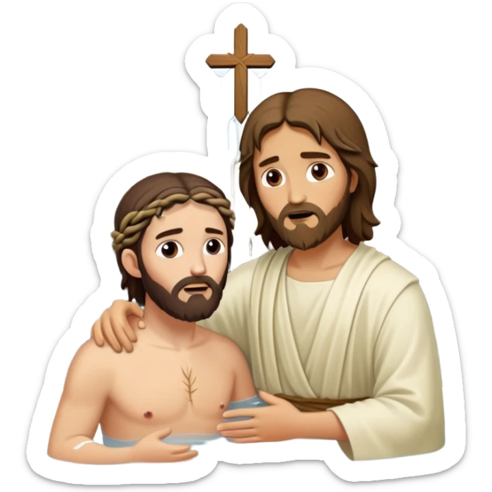 baptism of Jesus, John the baptist is rough and wild looking, baptizing Jesus, no crosses, sticker