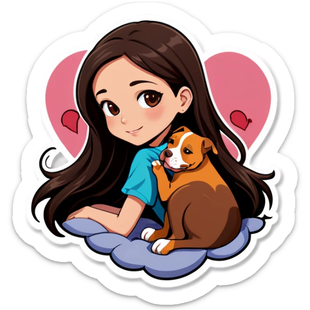 A pretty girl with long dark hair layered  cascading down her face sits on the bed with her brown pit bull  laying beside of her heart is flying all around sticker