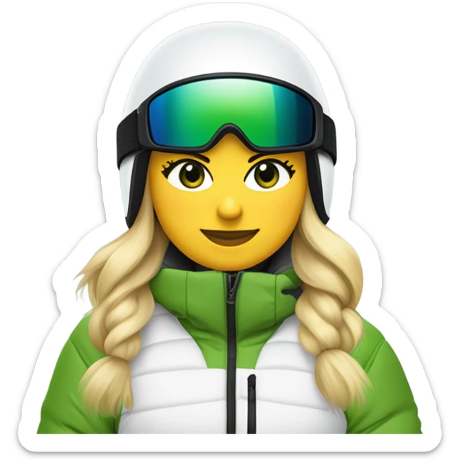 Green-eyed, fat female skier with medium-length straight blonde hair not plaited, snow goggles on helmet, white ski helmet, gray snow jacket, green ski gloves, long black pants rolled up at the bottom, black only snow boots standing tall. sticker