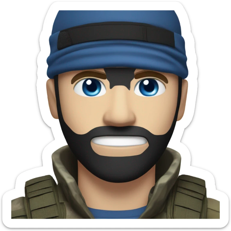White male, call of duty black mask, camo tactical gear, combat boots, black beanie, blue eyes sticker