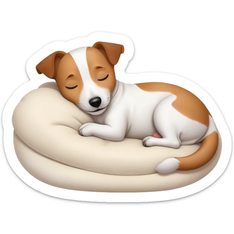 Meme-Worthy Cute Sleeping Jack Russell Terrier Portrait Emoji, Head and body resting peacefully with a contented smile, showcasing a compact, alert yet relaxed form with eyes gently closed in serene slumber, Simplified yet adorably endearing features, highly detailed, glowing with a soft, drowsy canine light, high shine, relaxed and utterly lovable, stylized with an air of playful laziness, soft glowing outline, capturing the essence of a sleeping Jack Russell Terrier that feels destined to become the next viral icon of adorable rest! sticker