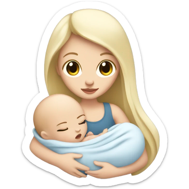 Pale girl with long black hair is holding a newborn baby sticker