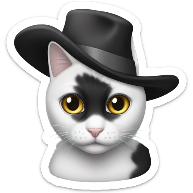 Crear un gato de color blanco y negro y en su cabeza que lleve puesto un sombrero negro de mago de los que hacen magia ￼ sticker