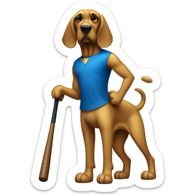 A Bloodhound dog dressed in a gold shirt and blue pants wearing dark shades with a baseball bat. sticker