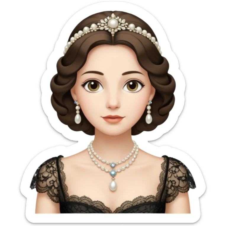 An emoji portrait of an Italian noblewoman. She wears a lavish gown with intricate lace details and a pearl necklace. Her expression is serene and elegant. sticker