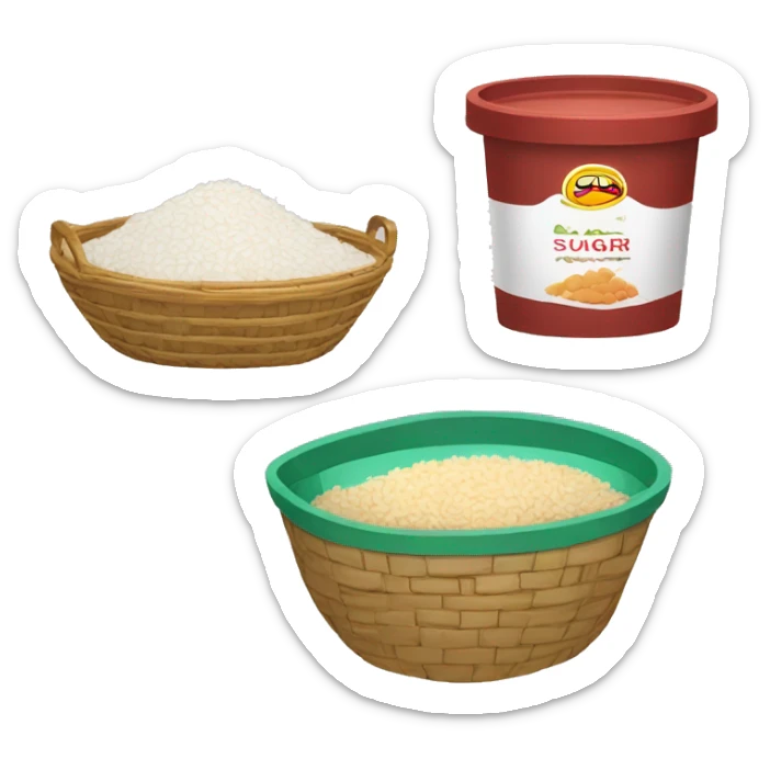food basket with packet of rice, packet of beans and packet of sugar and liter of oil sticker