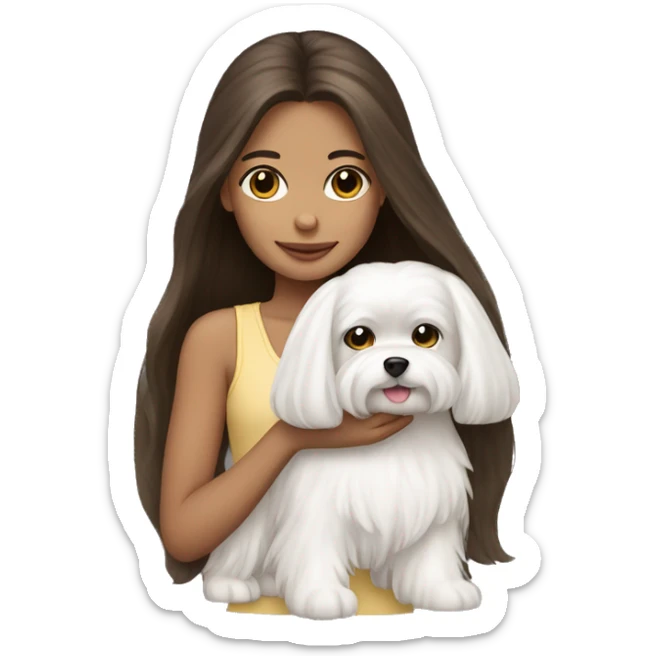 Brunette girl long hair holding a white  Maltese dog sticker