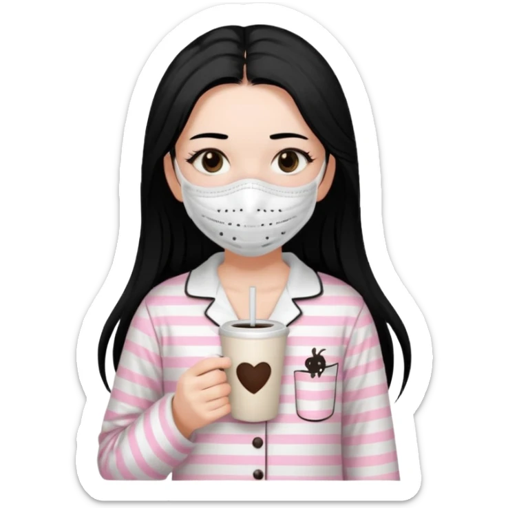 chica de pelo lacio color negro cabellera larga piyama blanca con rayas rosa claras peo no tan claras no oscuras el bordado es negro al igual que los botones )tiene una mascarilla para la carablanca y sostiene y cafe con bolitas nedras al dondo con unsorbete tranparente y es de test blanca  sticker