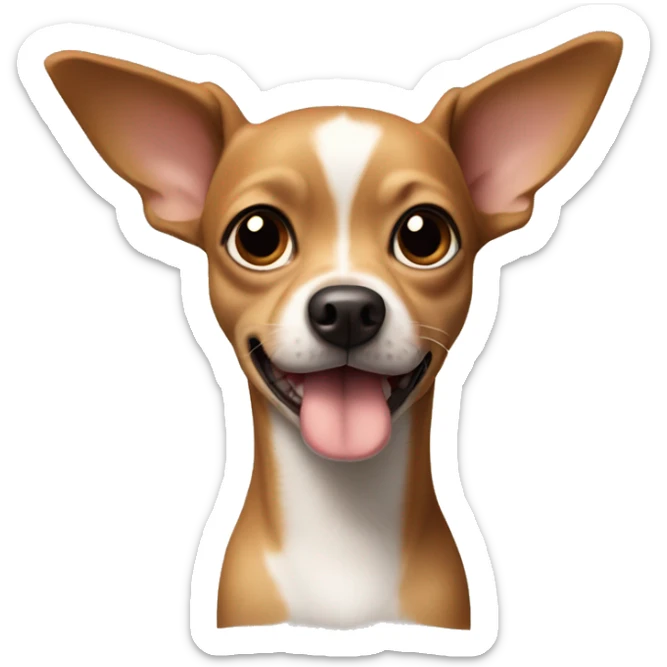 A dog, a mixture of Chihuahua and Toy Terrier, his body is brown, and his neck is white in front and around his nose. He doesn't have one ear sticker