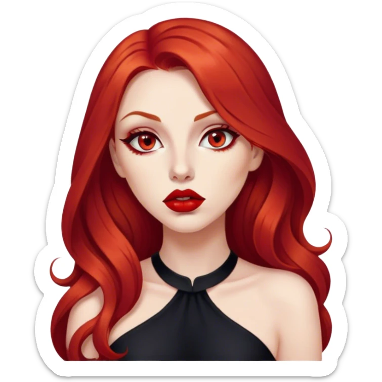 a pretty woman with long red hair and red eyes. The woman wear a black little cutted dress. She have red lipstick and she have a seductive look. She do a smack sticker
