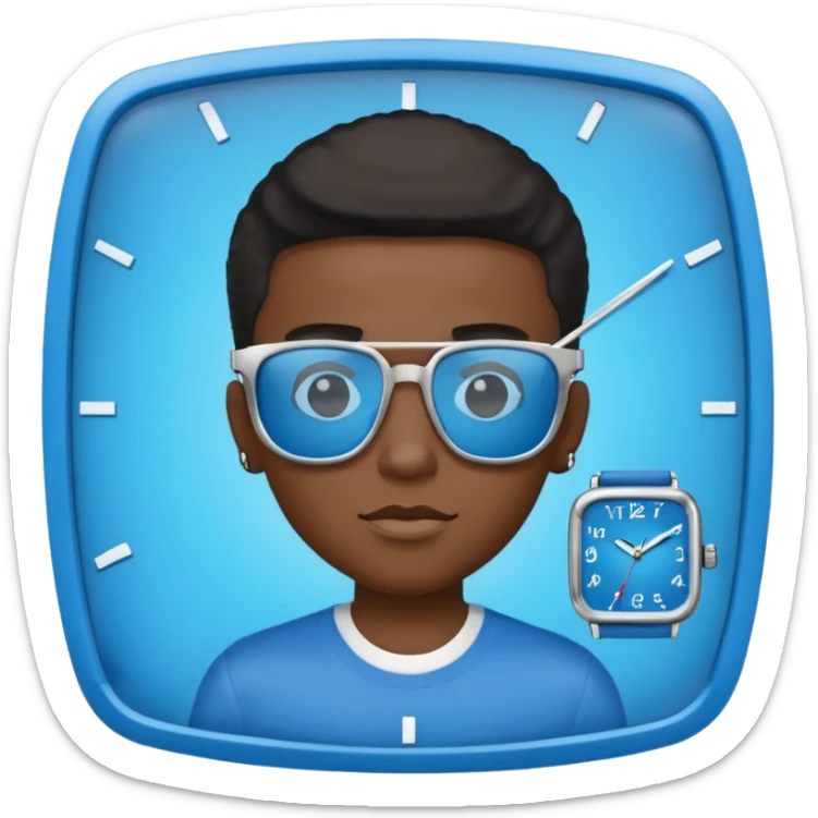 Un garçon noir avec des lunettes de soleil un peu bleu avec un cadran plutôt carré et SANS QU’ON VOIT SES YEUX. Et au dessus de sa tête il y a écrit BOUSs on dois pas voir ses yeux sticker