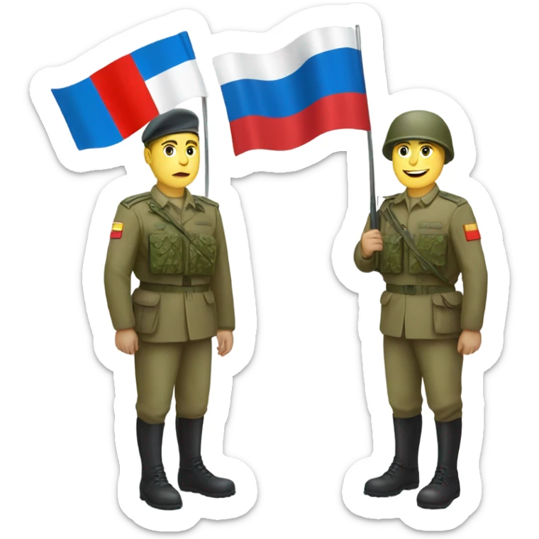 a soldier who holds the Russian flag in one hand and the Ukrainian flag in the other hand sticker