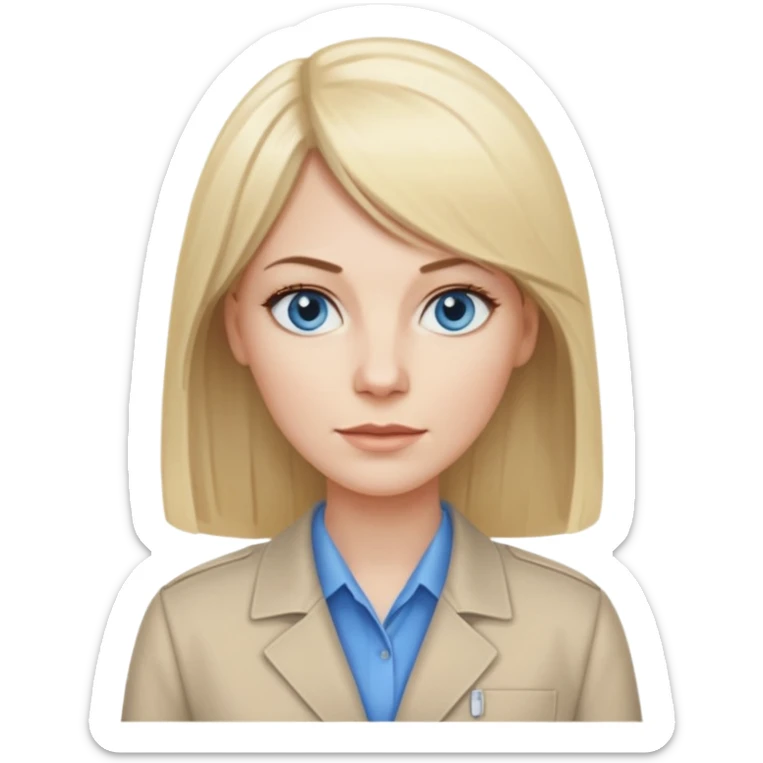 40 yr old white woman, pale skin, long straight blond hair parted in center, blue eyes, bangs, clothes for work sticker