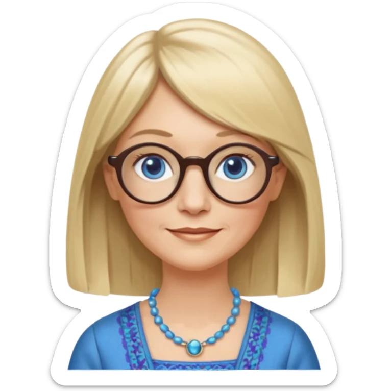 50 yr old white woman, hippie parted very long hair, short bangs, very long straight blond hair, oval face, small smile, blue eyes, thin face, hair downback, hair parted at center of head, round cheeks, pale, longer hair, business dress, long hair, big square glasses sticker
