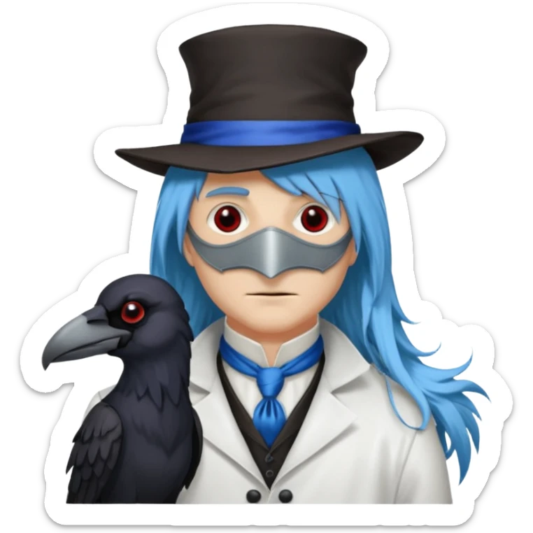 Plague Doctor with light-blue beau tiful hair, handsome sexy, long hair tendril bangs down on the sides, white lab coat, blue cravat, black feathers on shoulder, raven companion, black gloves, red eyes sticker