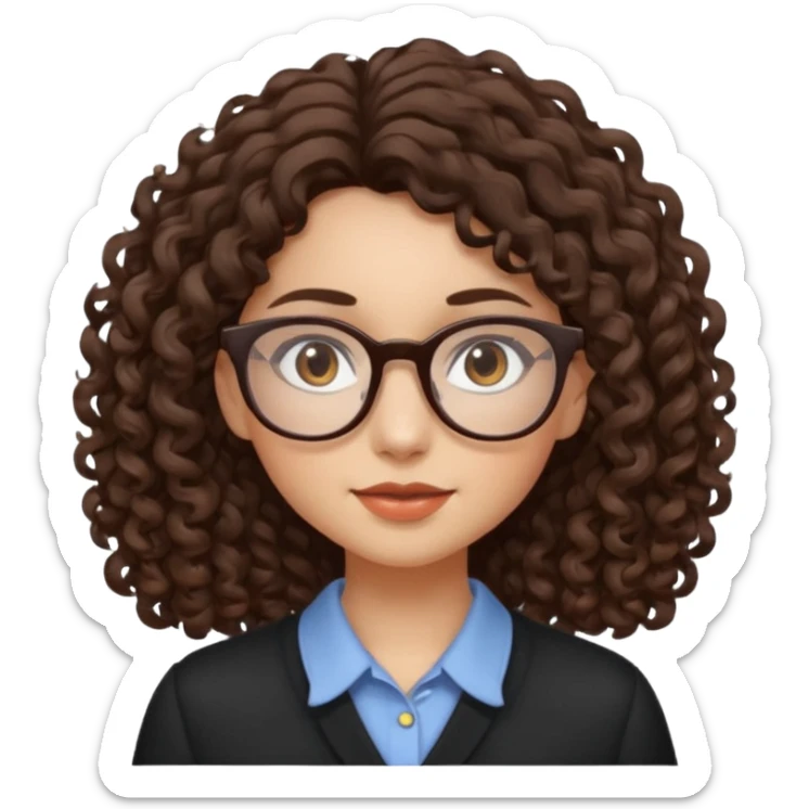 A girl has fair skin curly to wavy dark brown hair, has glasses and almond brown eyes sticker