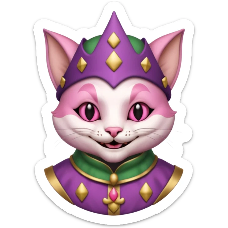court jester cat medieval, poker card joker, pink, face only sticker