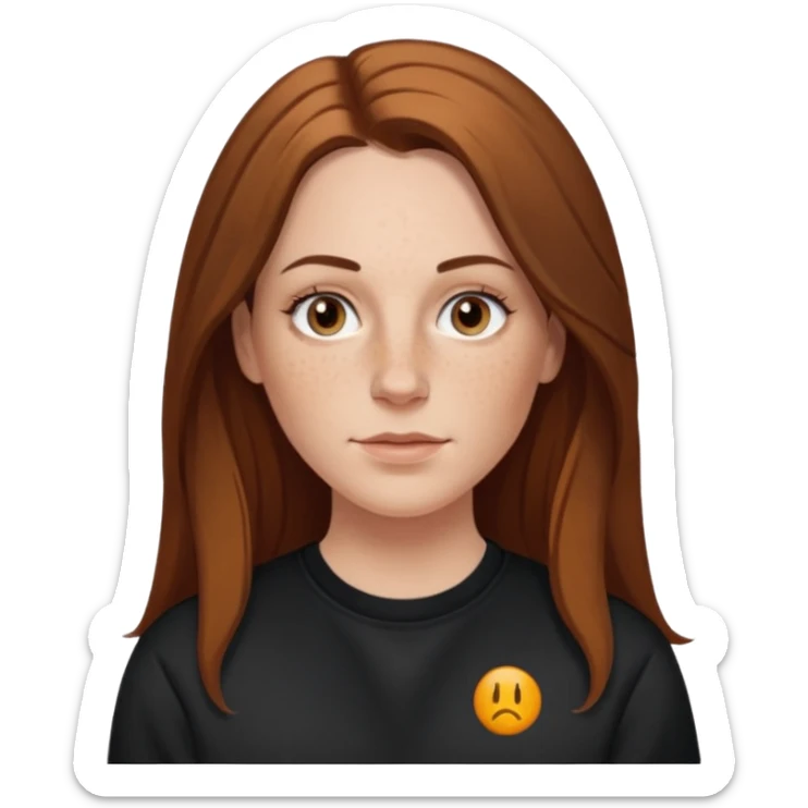 A 38 year old white woman with long brunette hair parted in the middle. She has her nose pierced. Her nose is medium sized. She has brown eyes. She has freckles and is wearing a black sweatshirt sticker