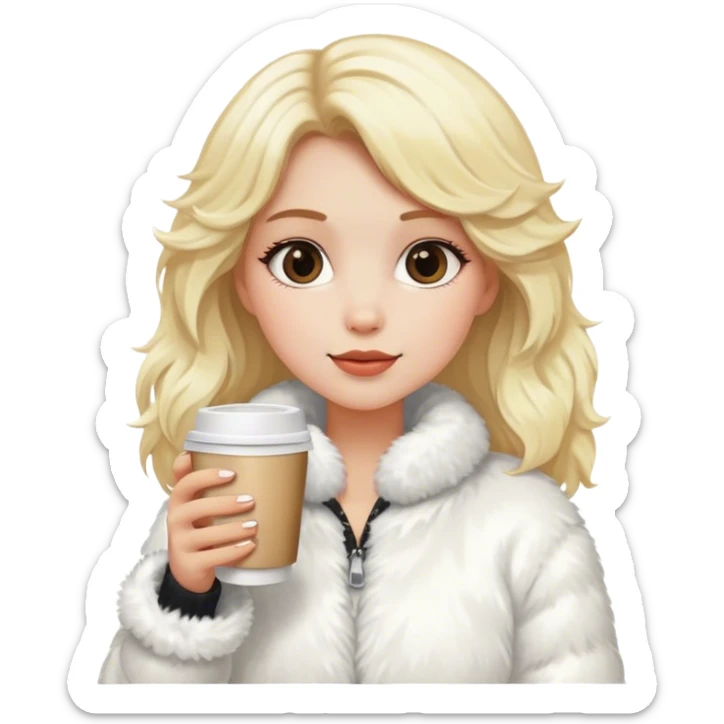 blonde girl wearing white fluffy jacket and a coffee to go in hand sticker