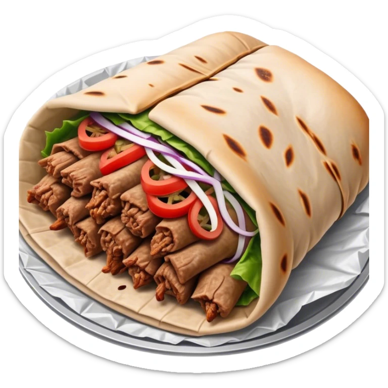 Doner Kebab Cinematic Realistic Doner Kebab Dish Emoji, depicted as iconic, spiced meat wrapped in foil and paper, rendered with lifelike textures and dynamic, appetizing lighting. sticker
