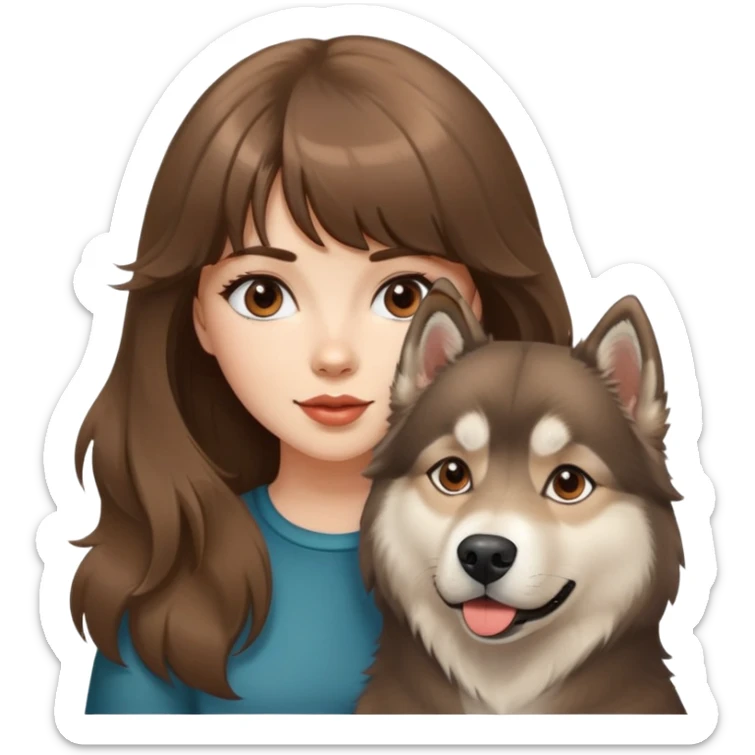 A beautiful Caucasian girl with brown blunt bangs and big wavy hair, and a brown Alaskan Malamute dog. sticker