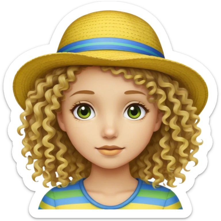 dirty blonde curly hair girl wearing hat with yellow blue and green horizontal stripes sticker