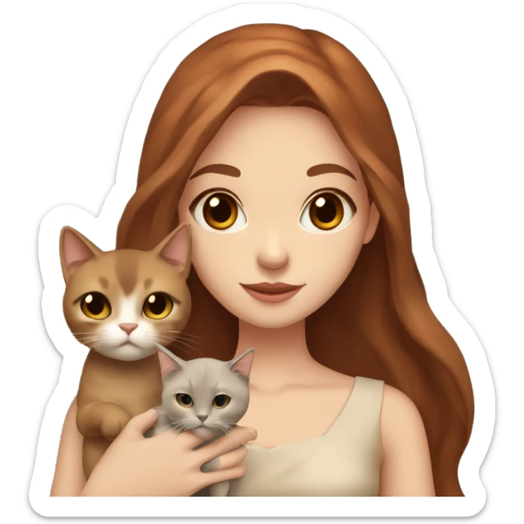 a beautiful girl with long red and brown hair, clear brown eyes, in a beige dress and with a beige bow holds two black cat in her hands sticker