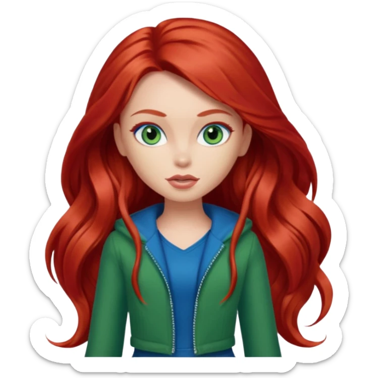 Bratz Meygan red long hair blue eyes, green outfit sticker