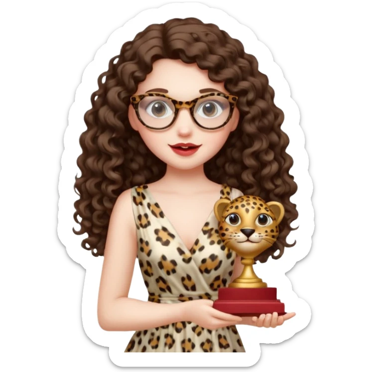 A girl with white pale skin,  full lips, brunette LONG curly hair. She is wearing a white  silk dress. She is holding an award and happy. She has a leopard print round-ish shaped glasses.  sticker
