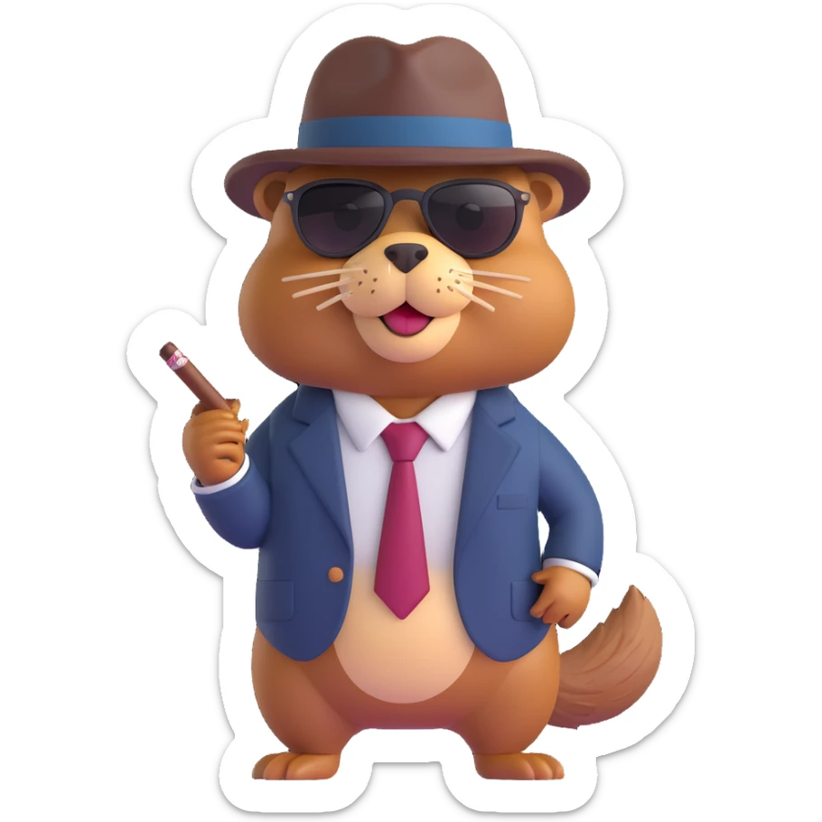 Change the beaver's suit and hat to dark brown while keeping the 3D emoji gangster style with sunglasses and cigar. sticker