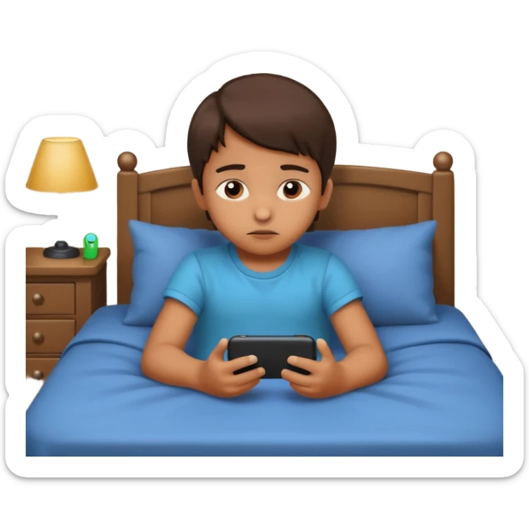 un niño de entre 3 - 10 años jugando con su celular, cansado en una habitacion apagada sticker