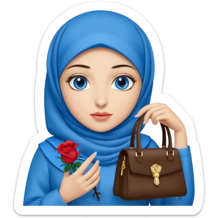 Turkish beautiful finish Konya girl blue eyes with blue hijab islamic dress and had on her hand blue ysl rose hand bag sticker