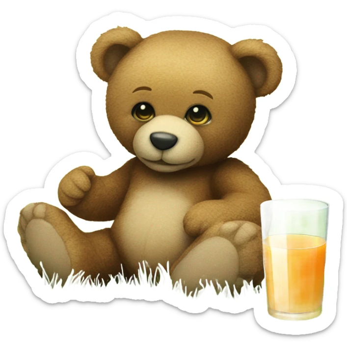 A Teddy bear holding a glass of juice sitting on a patch of grass sticker