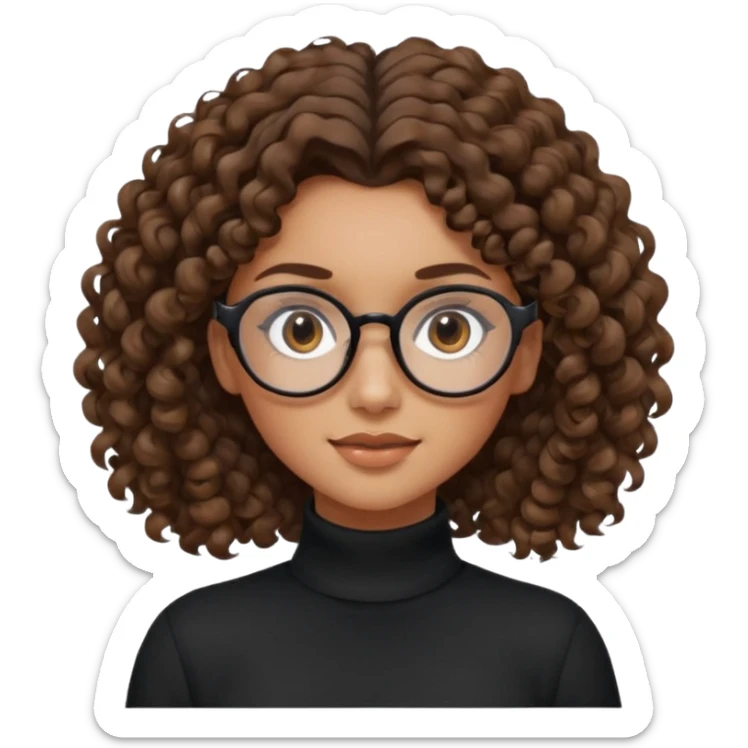 un chica con pelo rizado tiene hecha una coleta y con dos rizos sueltos en la parte de alante que le llega hasta el cuello. luego pil un poco morena ojos marrones y tiene gafas negras y son exagonales pero un poco redondeadas. sticker