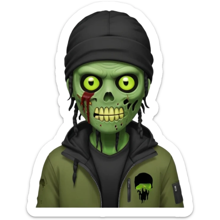 a zombie emoji with black dreads and a black nike jacket and black nike ski mask on his head sticker