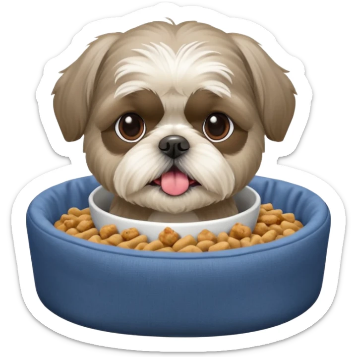 old ALL grey shih tzu in dog bed with bowl of food tongue hanging out sticker