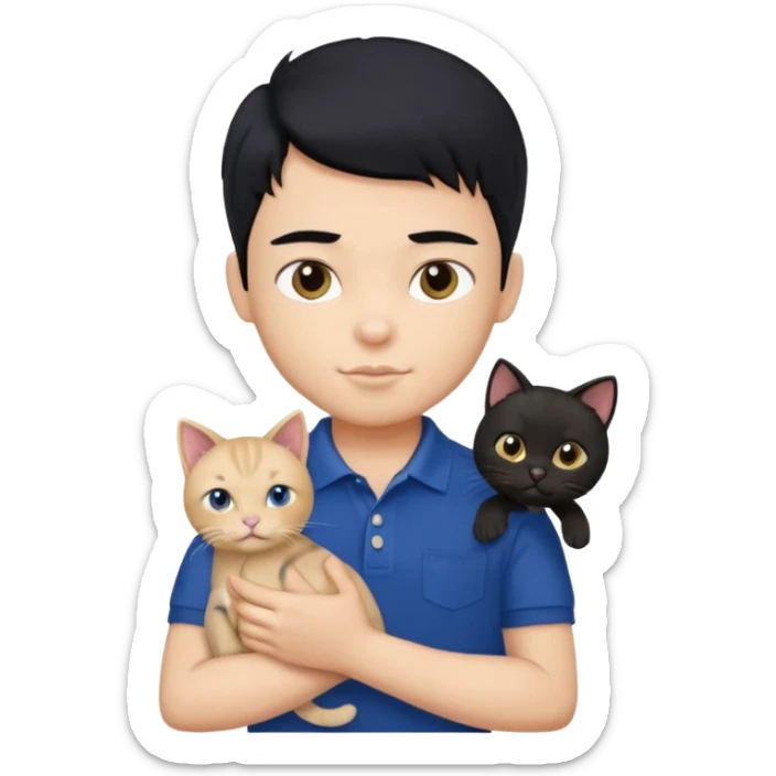 generate a pretty fair bratz boy with a messy mullet (black hair), wearing a dark blue polo.  holding a beige cat sticker