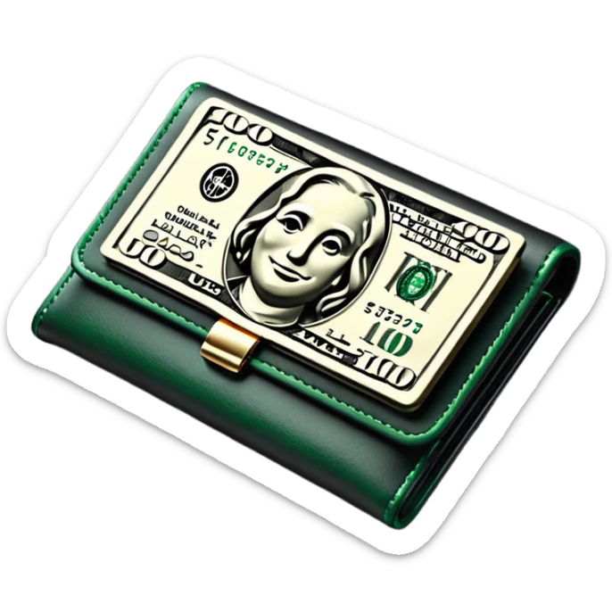 Rich emoji style black leather wallet with dollar bills, luxury money vibe, premium 3D emoji, ultra clean, high detail, no background sticker