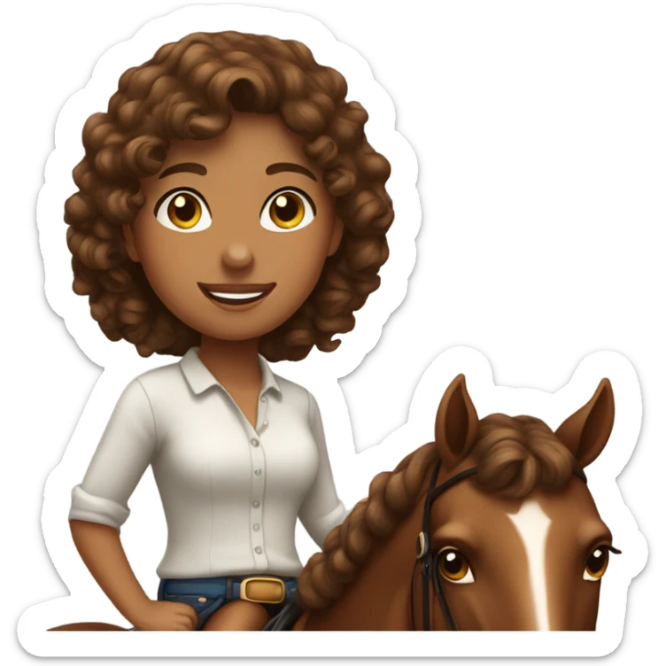 Girl with brown curly hair on a bay horse  sticker