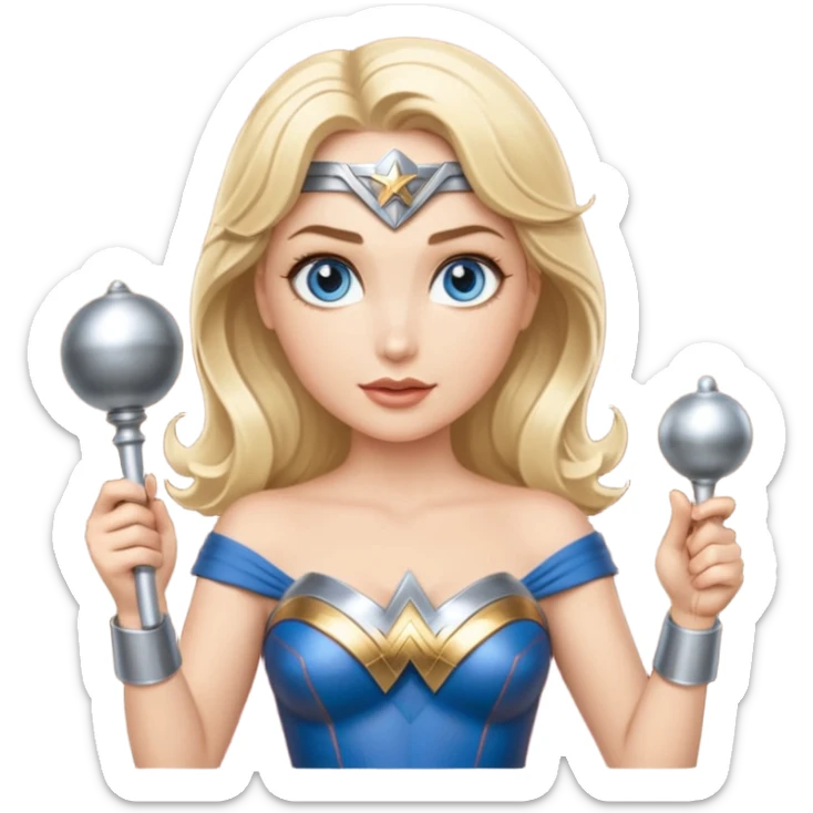 Blonde blue eyes Wonder Woman holding bell and short white orchestra conductor’s baton  sticker