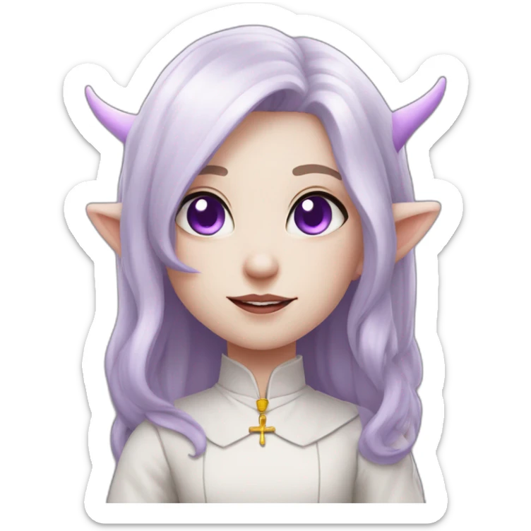 tiefling priest girl with pure white skin, pale lilac hair, light grey horns, purple eyes sticker