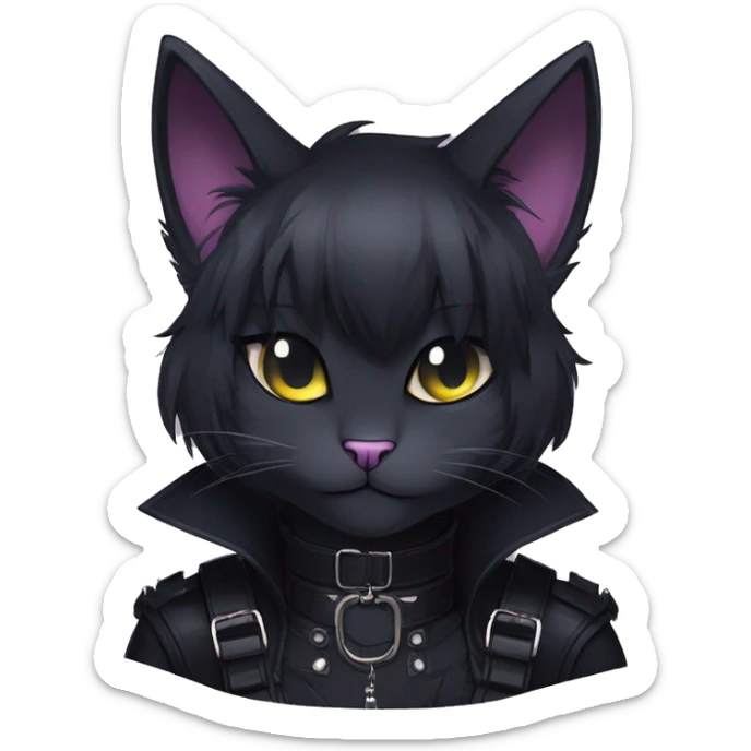 Gorgeous furry gothic dark techwear anime style anthro black cat furry sona Fakemon with blushing face aesthetic and pretty edgy black with collar and harness trending style sticker