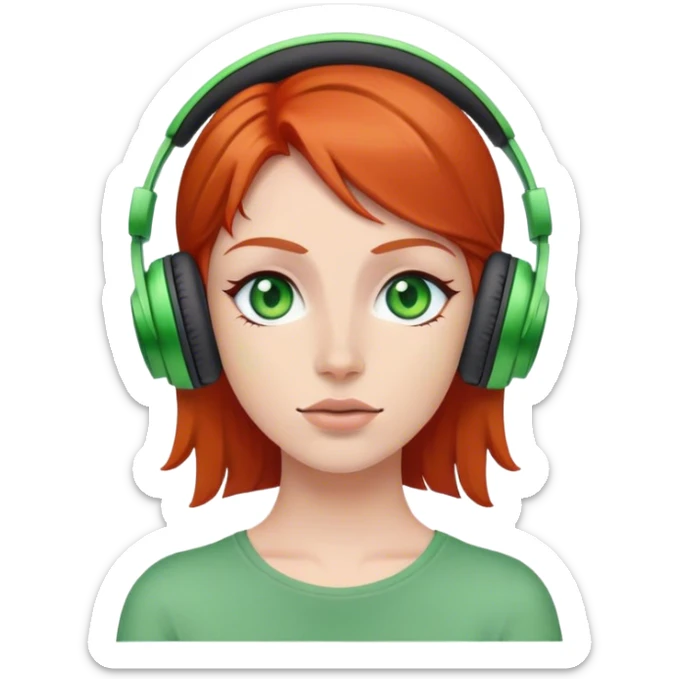 Red head with green eyes listening to music on wireless headphones  sticker
